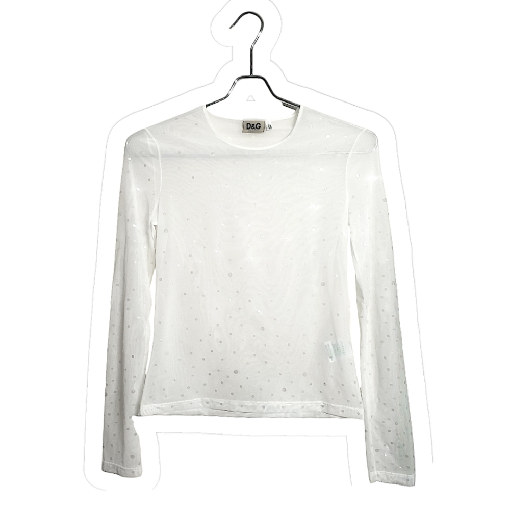 Dolce & Gabbana White Sequin Sheer Rounded Neck Long Sleeve Top - Small